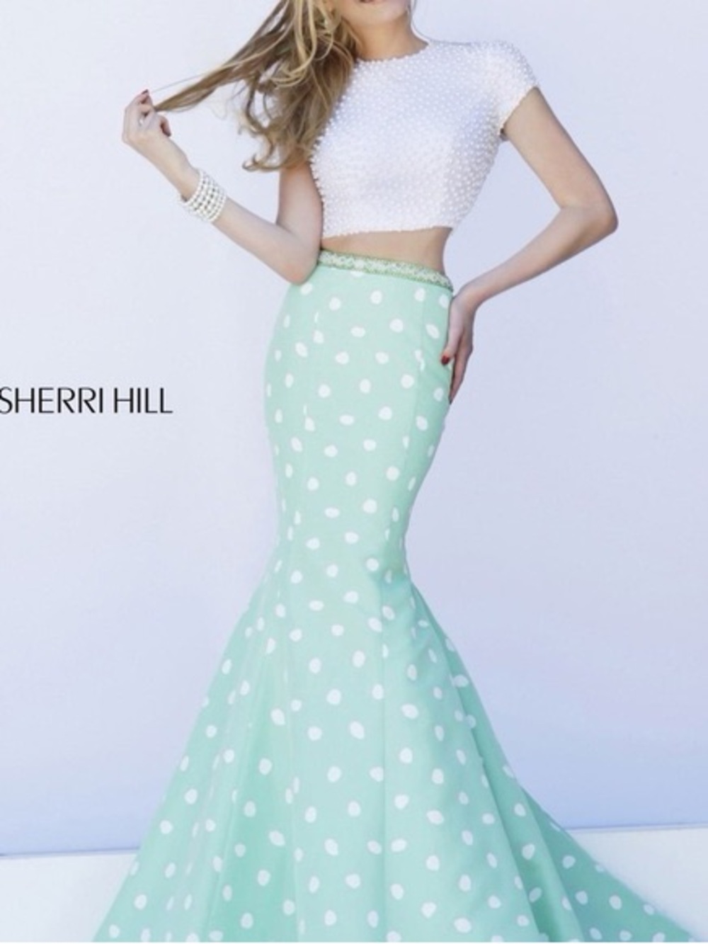 Sherri Hill Mint and White Polka Dot Mermaid Pencil Skirt